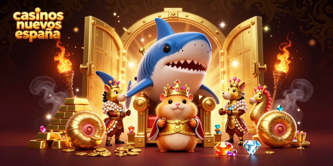 Explora casinos nuevos España con un rey hámster dorado y guardias de caballitos de mar en un entorno lleno de tesoros.