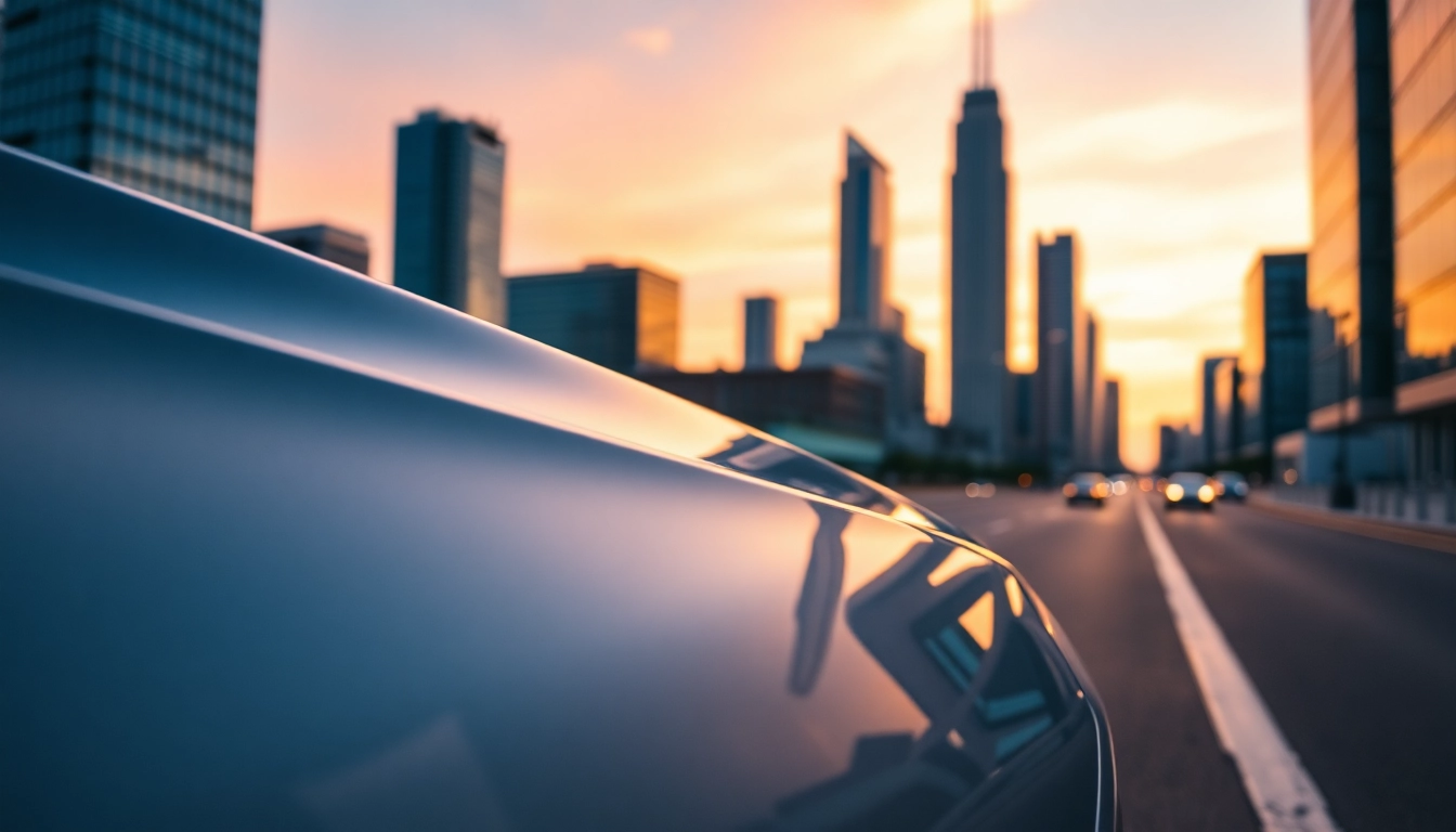 Admiring a Luxury BMW car parked in an upscale urban environment at sunset.