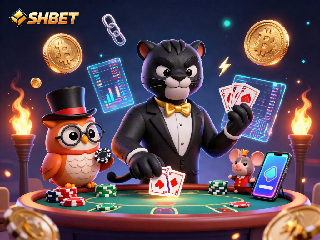 Experience thrilling poker action with SHBET's vibrant 3D casino illustration featuring classic characters.
