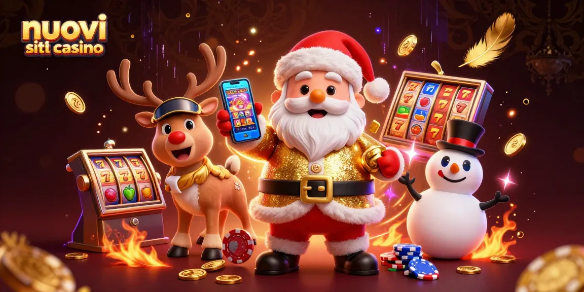 Babbo Natale e personaggi di casinò nei nuovi siti casino con slot e monete dorate.