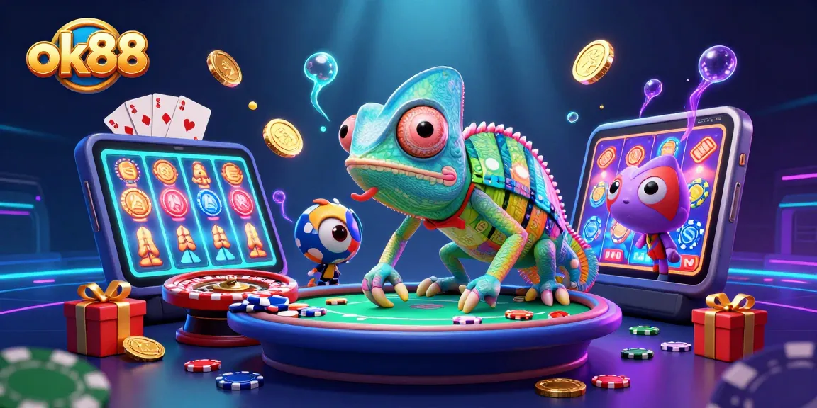 Win big with ok88 as a chameleon casino owner catches golden coins in this vibrant 3D casino scene.