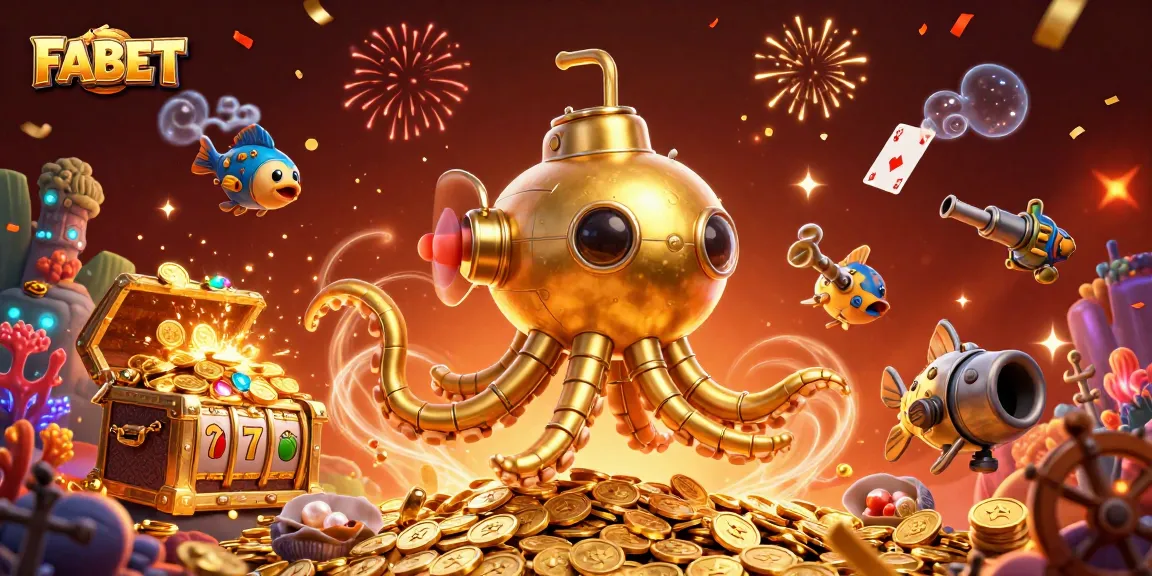 Experience the thrill of FABET as a golden kraken emerges amidst treasure in this vibrant casino illustration.
