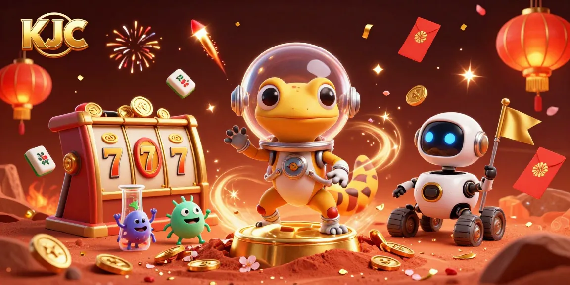 KJC Martian gecko discovers a golden casino in space, surrounded by vibrant casino elements.