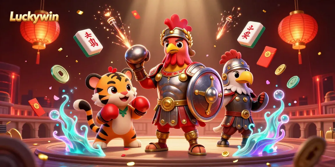 Engage with Luckywin through this vibrant illustration of a rooster gladiator and sparring tiger cub.